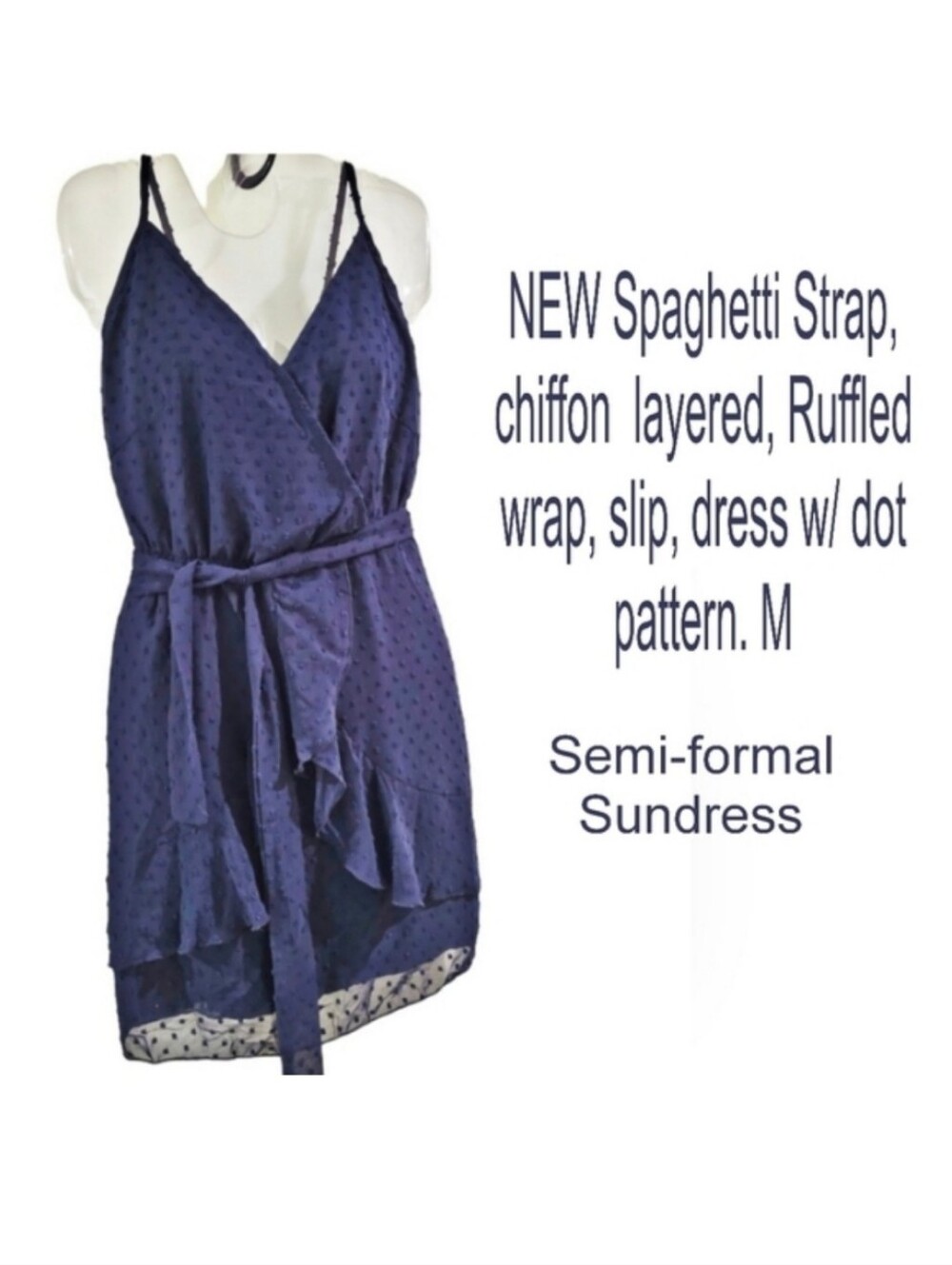 NEW Spaghetti strap chiffon  layered Ruffle wrap slip dress w/ dot pattern. M